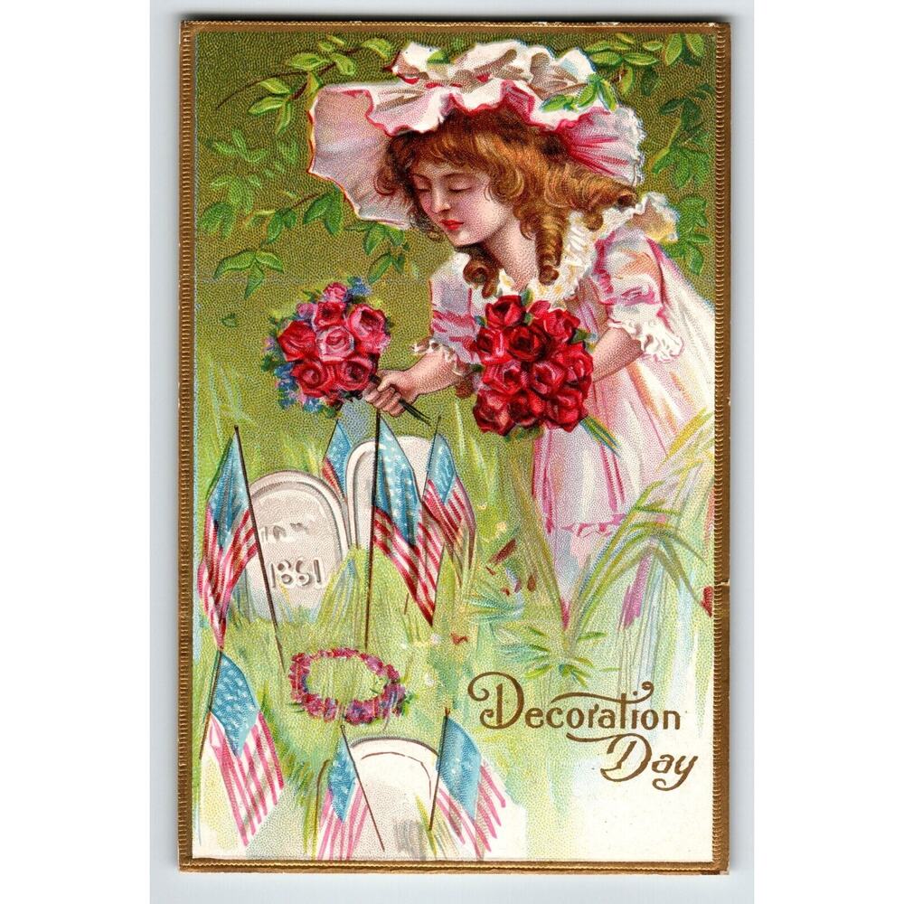 Decoration Memorial Day Postcard Girl US Flag Gravestone Flowers Gold Unposted